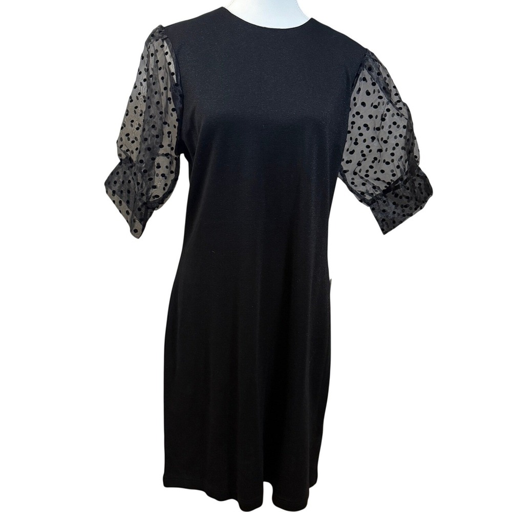 ModCloth Shift Dress Women XL‎ Black NEW Polka Dot Sheer Puff Sleeve Shimmer